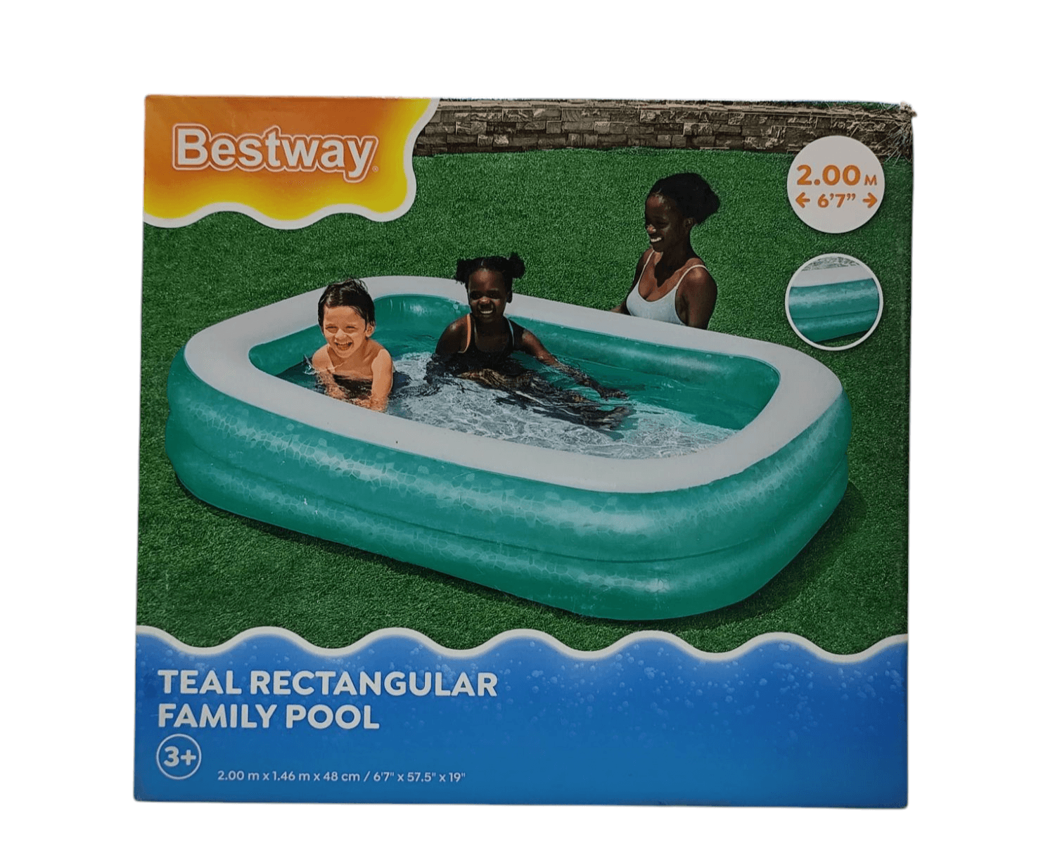 Teal rectangular inflatable family pool for ages 3 and up, ideal for swimming pool with family