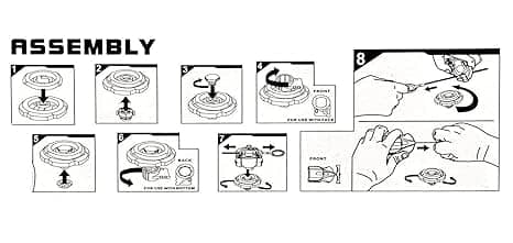 Beyblade assembly instructions showing parts and steps for easy setup