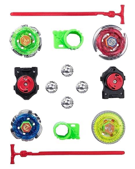 Beyblade spinning top set with colorful parts and accessories for ages 8 and up