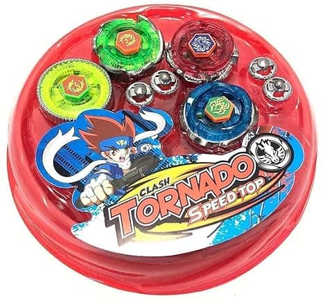 Red beyblade spinning top toy set with various tops for ages 8 and up
