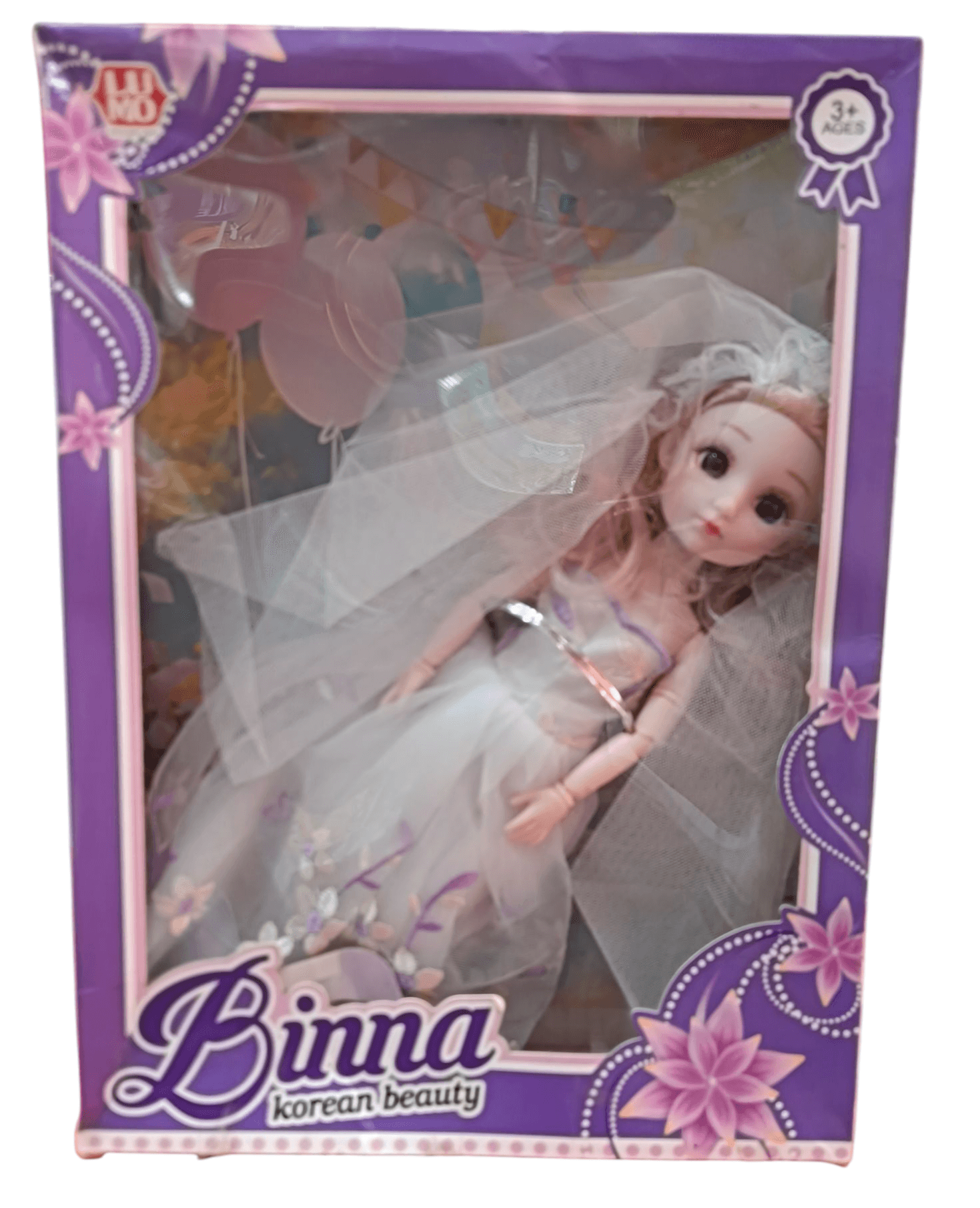 Binna Korean beauty doll in white wedding dress with veil in purple floral display box