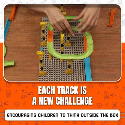 Hands assembling Blix Marble Run set with colorful tracks and connectors on a wooden surface