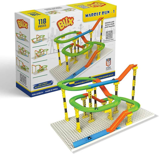 Blix Marble Run set with 118 pieces including colorful tracks and yellow supports on a white baseboard