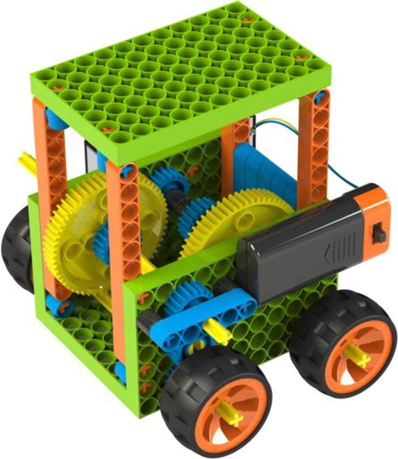 Blix Robotix Gears Box science kit model featuring green frame and yellow gears with black wheels