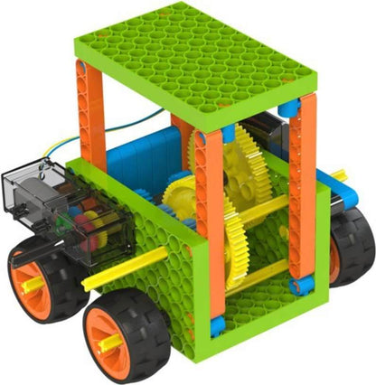 Blix Robotix Gears Box science kit featuring a green and orange gear-driven vehicle model with black wheels