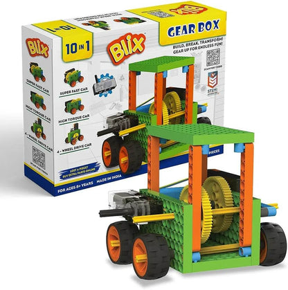 Blix Robotix Gears Box science kit with green and orange gear car model and educational building parts