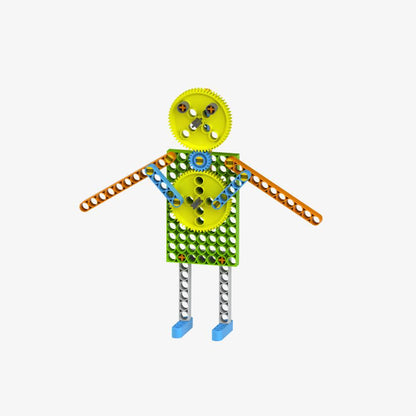 Colorful robot figure made from a STEM construction toy for kids with gears and perforated pieces