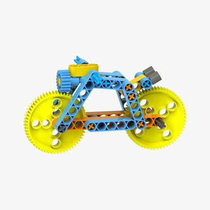 STEM construction toy for kids blue and yellow plastic gear bike model educational building set