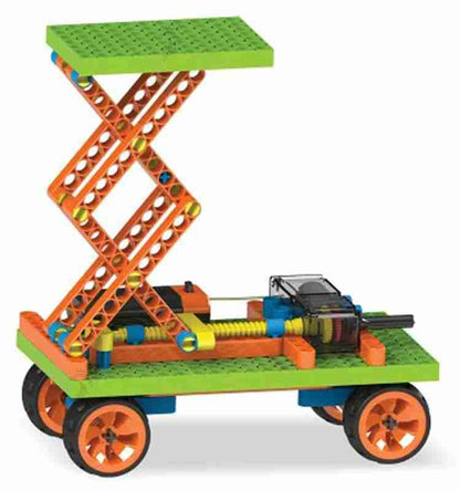 Colorful STEM construction toys for kids featuring a wheeled mechanical lift with orange and green pieces