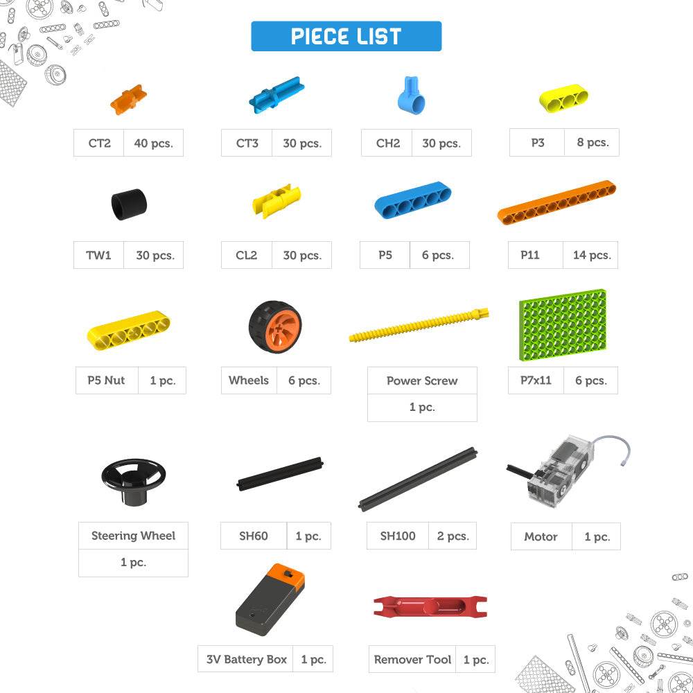 STEM construction toys for kids with various colorful parts including wheels, motor, battery box, and steering wheel