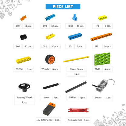 STEM construction toys for kids with various colorful parts including wheels, motor, battery box, and steering wheel