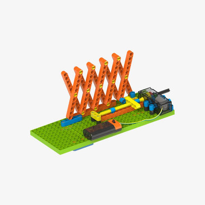 STEM construction toys for kids featuring a colorful mechanical building set with orange and yellow parts on a green base