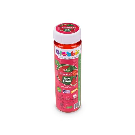 Watermelon fruit slime in a clear bottle for fun sensory play and creative activities