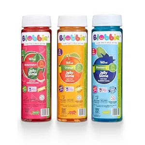 Colorful fruit slime set with watermelon, orange, and blueberry flavors, ideal for kids aged 5 and up