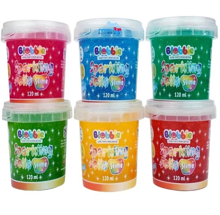 Colorful 120 ml tubs of sparkling jelly slime for kids with how to make how to make slime instructions