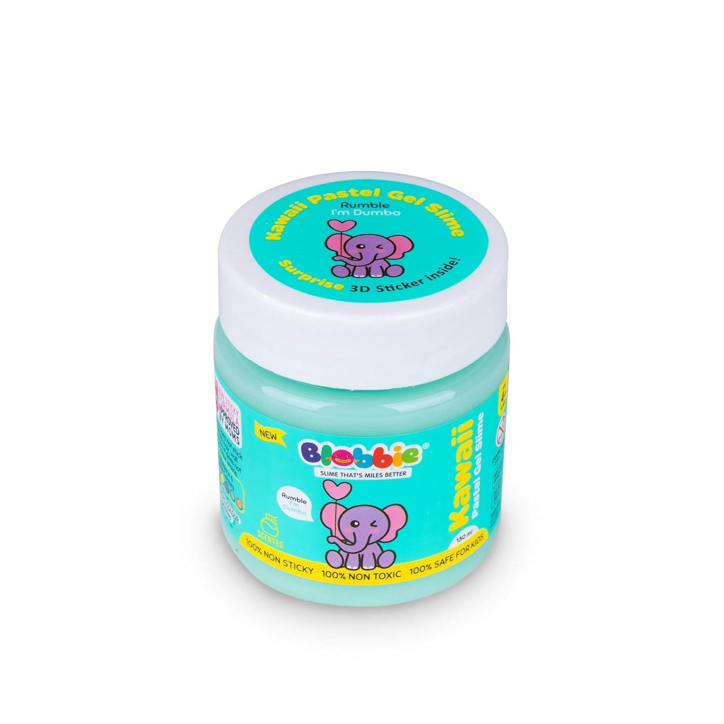 Kawaii pastel gel slime set in light blue jar with cute pink elephant design and non-toxic label