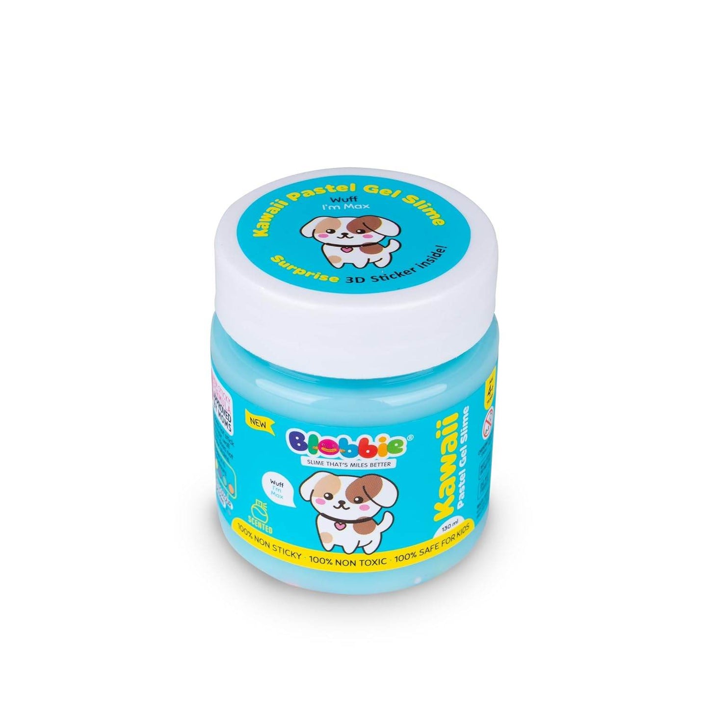 Kawaii pastel gel slime set in blue jar with cute dog illustration and 3D sticker surprise