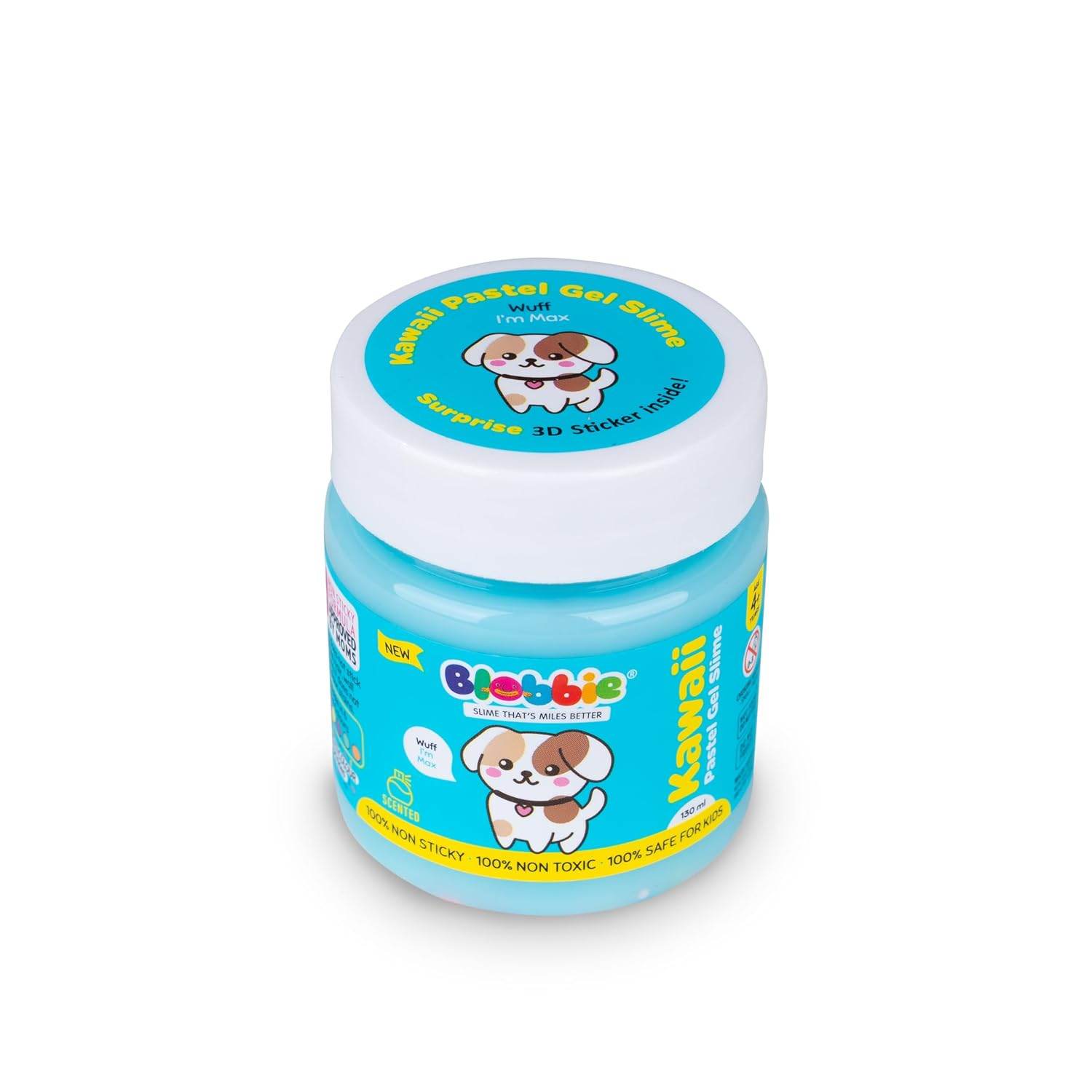 Kawaii pastel gel slime set in blue jar with cute dog illustration and 3D sticker surprise