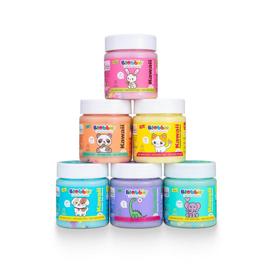 Kawaii pastel gel slime set with six colorful jars featuring cute animal designs