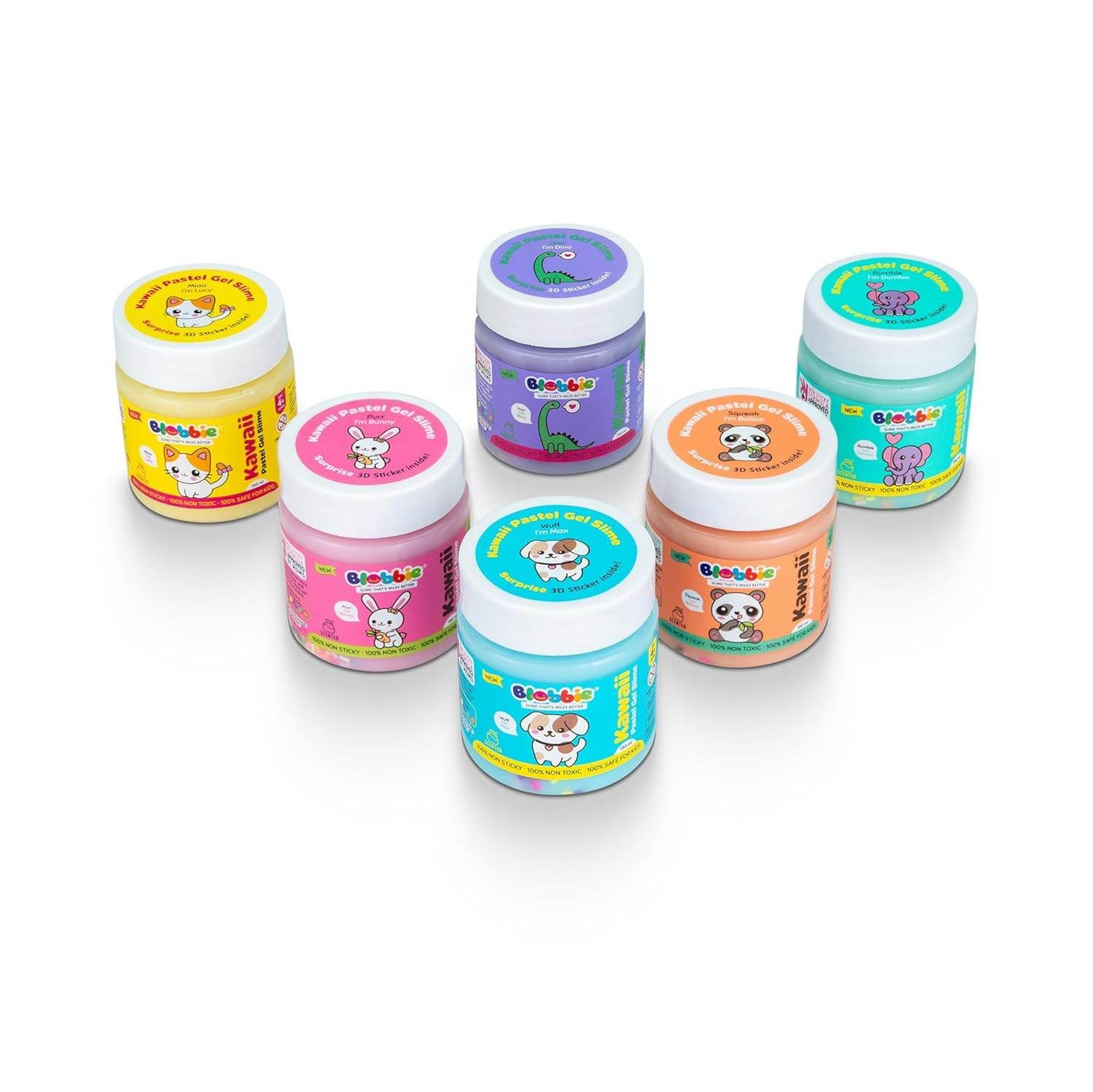Kawaii pastel gel slime set with six colorful jars featuring cute animal illustrations