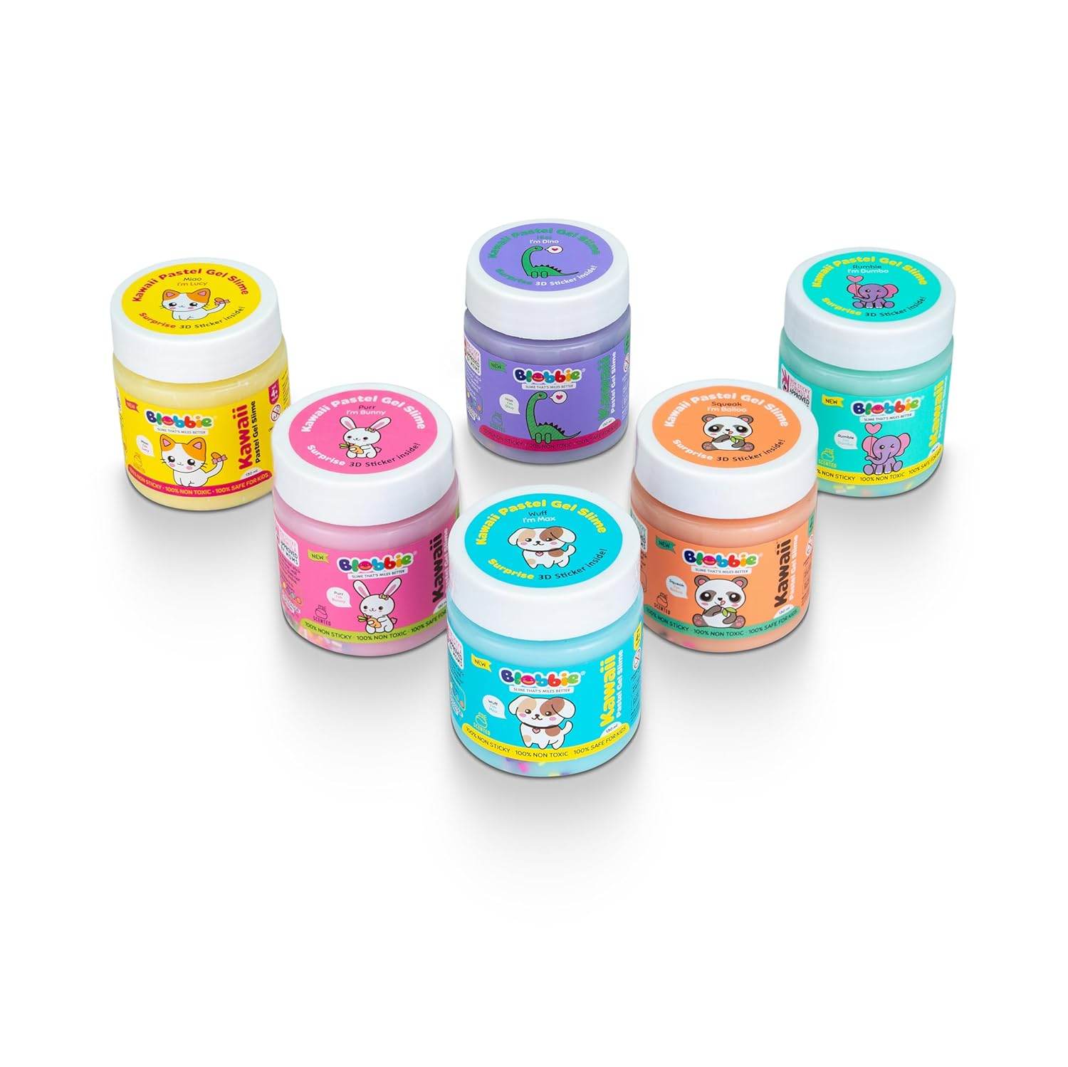 Kawaii pastel gel slime set with six colorful jars featuring cute animal illustrations
