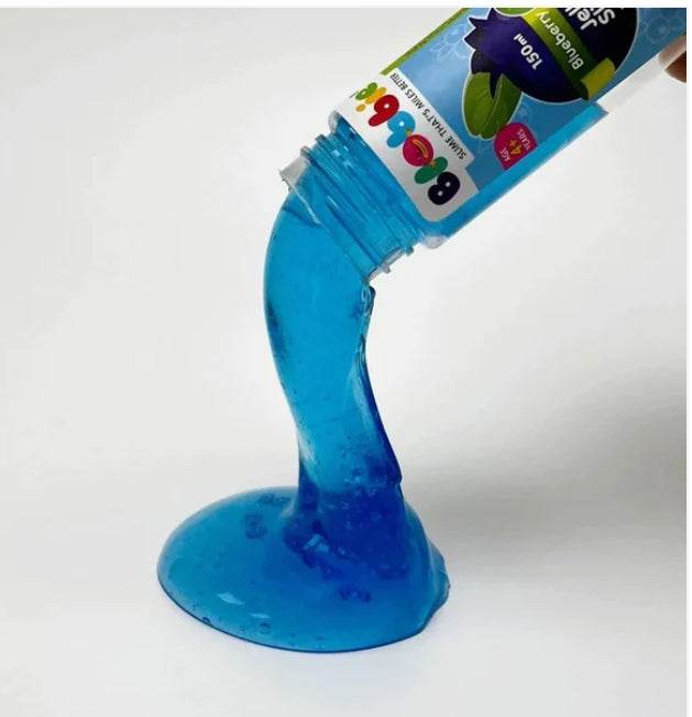 Blue Blobbie slime pack of 1 being poured out showing its gooey and stretchy texture