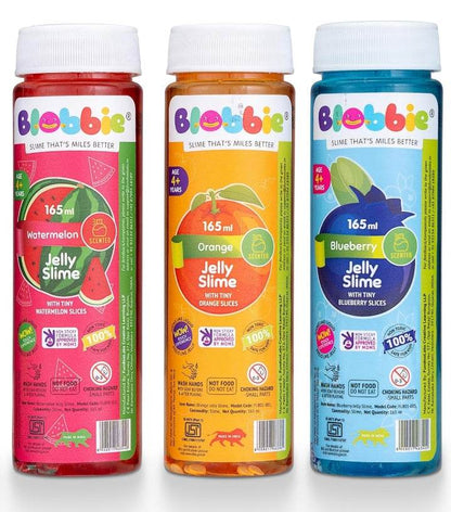 Blobbie slime pack of 1 featuring watermelon, orange, and blueberry scented jelly slime bottles