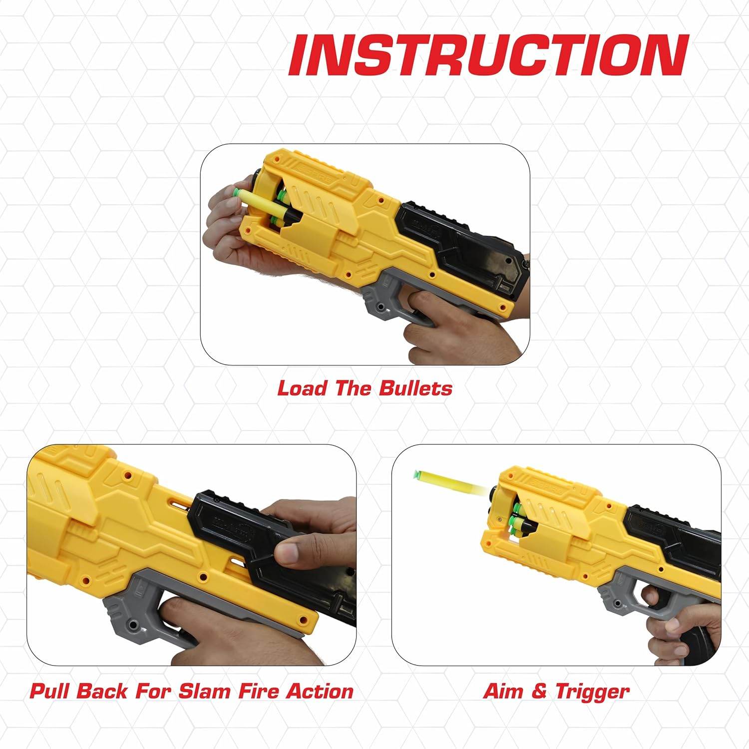 Yellow blow dart gun with pull back action for kids ages 8 and up, designed for fun target practice