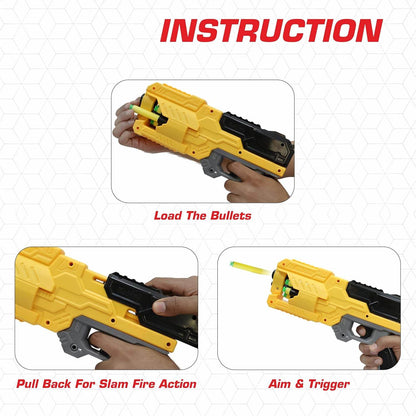 Yellow blow dart gun with pull back action for kids ages 8 and up, designed for fun target practice
