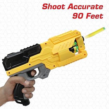 Yellow blow dart gun that shoots accurate to 90 feet, ideal for kids