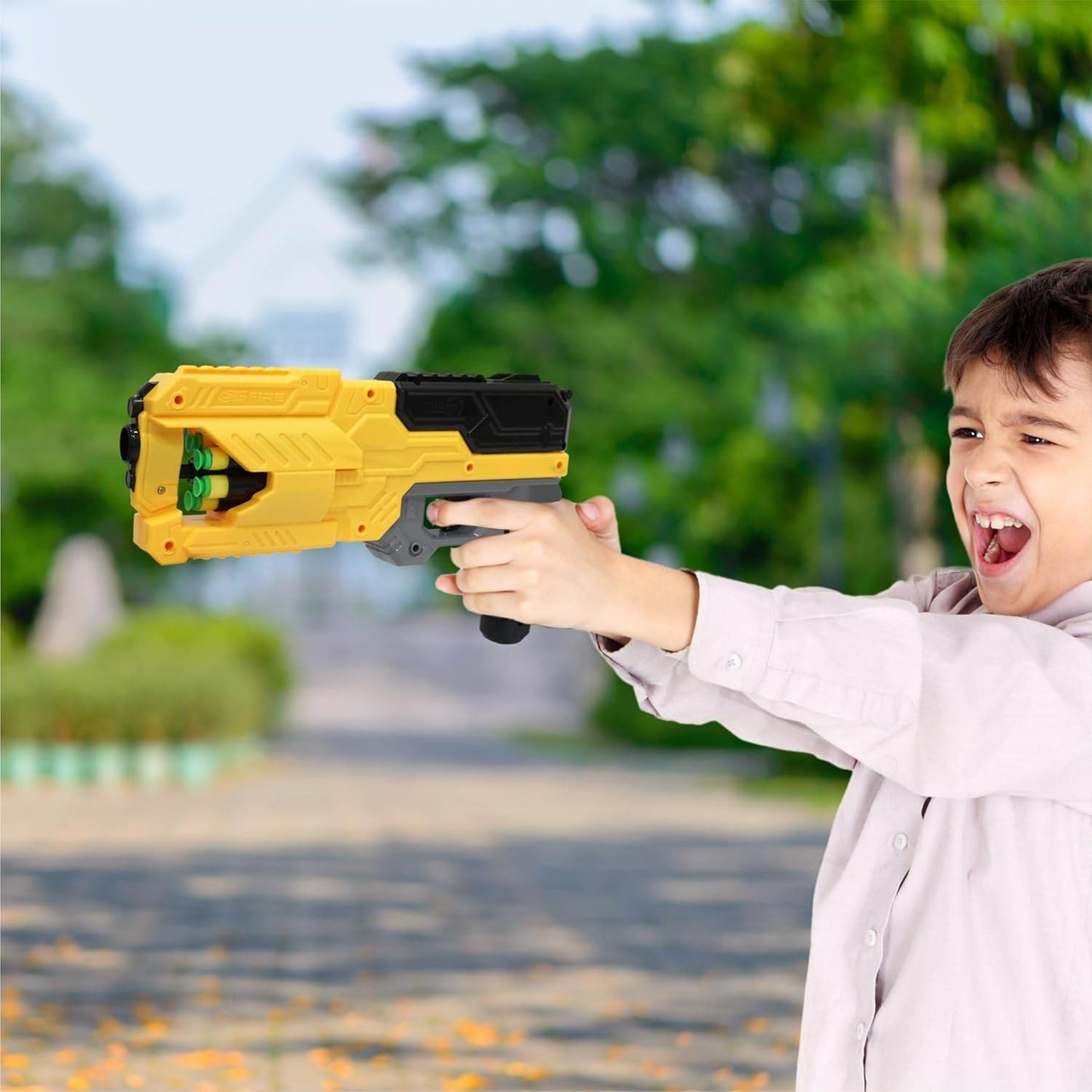 Yellow blow dart gun for kids with easy action for outdoor play