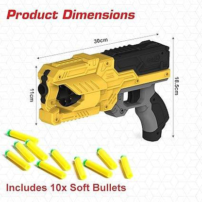 Yellow blow dart gun for ages 5 and up with 10 soft darts included for safe play