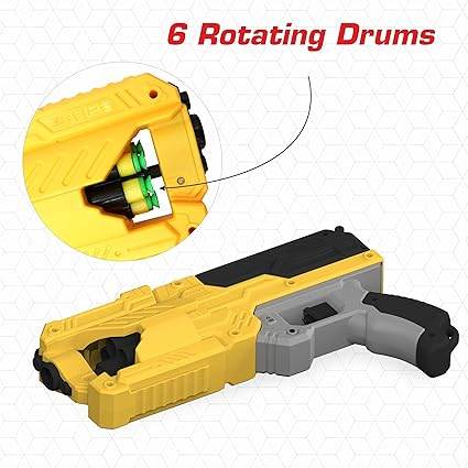 Yellow blow dart gun with six rotating drums for fun target practice