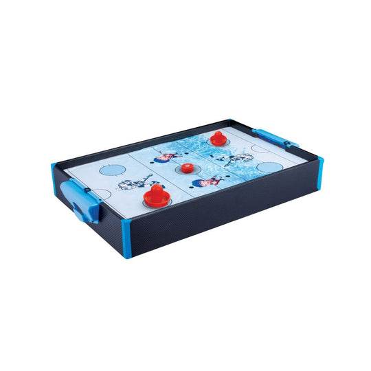 Kids air hockey table with black and blue frame and red strikers for fun indoor games