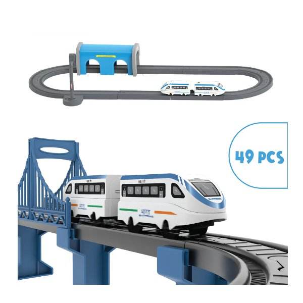 DIY magnetic train set for kids featuring a white and blue Indian city train on elevated tracks with a bridge and tunnel