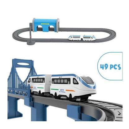 DIY magnetic train set for kids featuring a white and blue Indian city train on elevated tracks with a bridge and tunnel