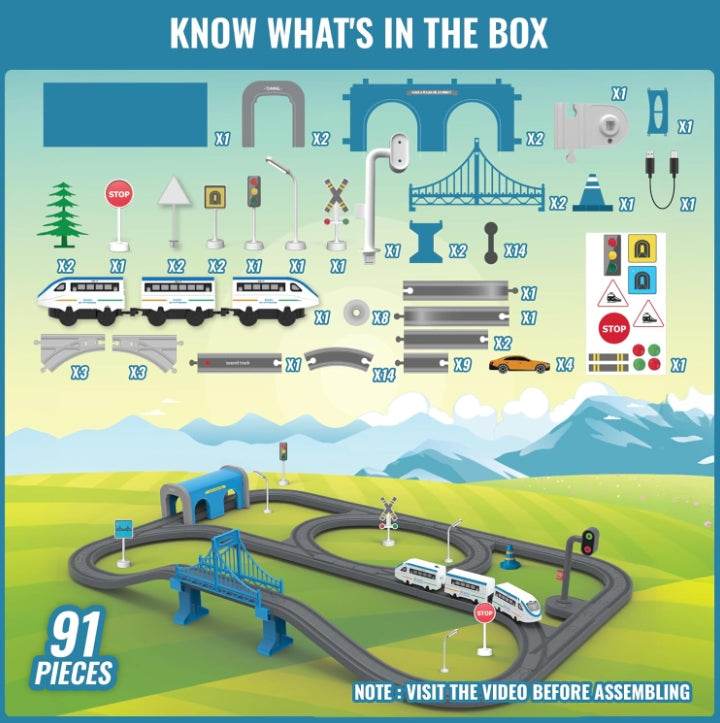 Electrobotic DIY Indian city train set with 91 pieces including tracks, trains, signs, and bridges