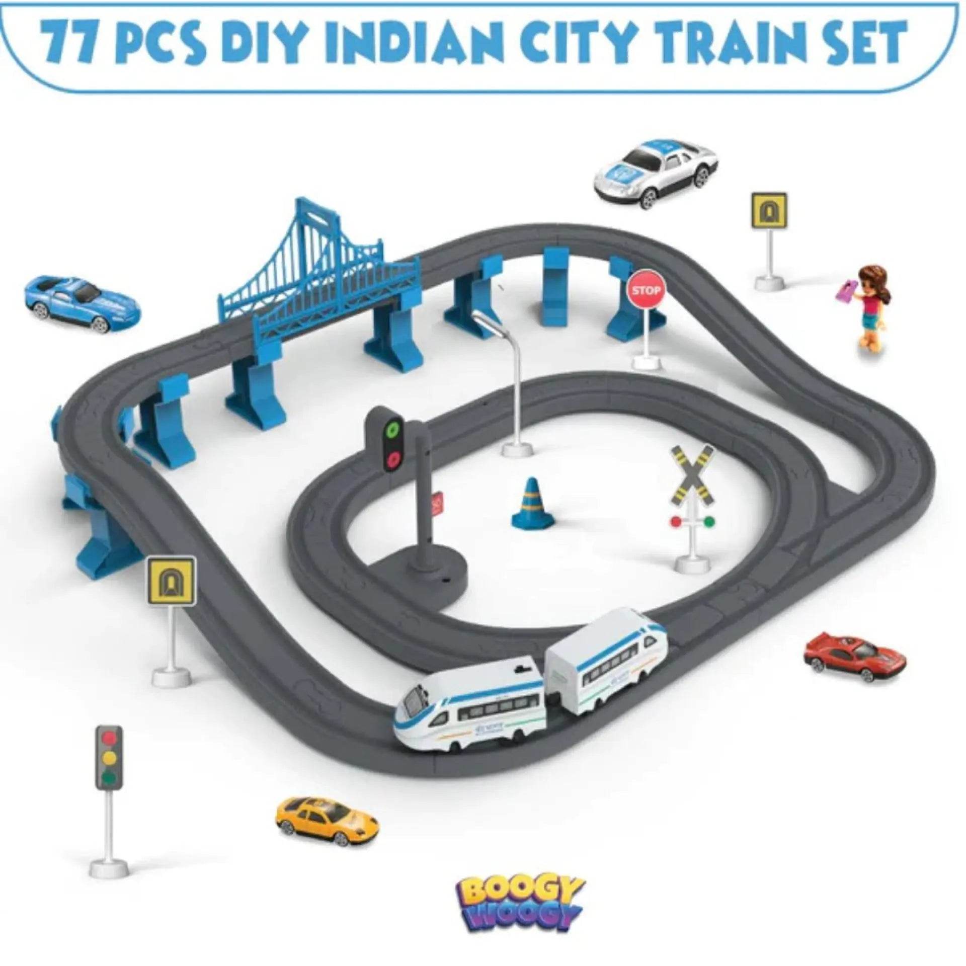 Electrobotic 77 piece DIY Indian city train set with track, bridge, train, cars, and traffic signs