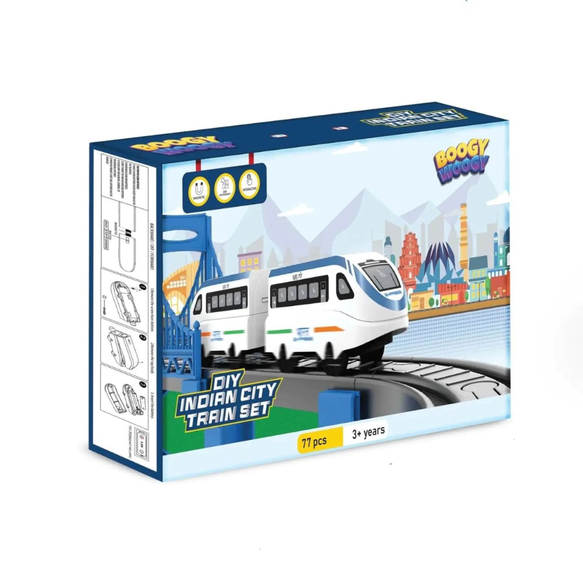 Electrobotic Boogy Woogy DIY Indian city train set 77PCS with white trains on curved tracks in city backdrop