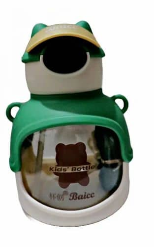 Green water bottle for kids with fun bear design for outdoor hydration