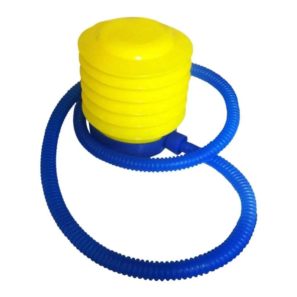 Yellow and blue air pump for inflating a bouncy ball with handle for toddlers by T-Rex the toyland