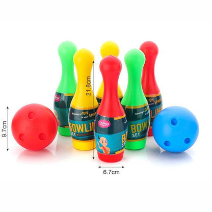 Colorful bowling pin set up for kids with two bowling balls for fun indoor play