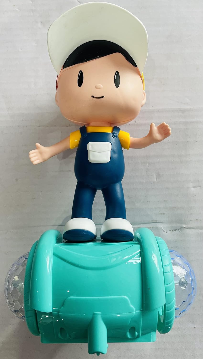 Smiling boy character toy in blue outfit with green hovercar, ideal for kids ages 3-5, great boy toys