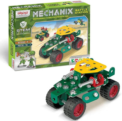 Mechanix Battle Station construction set with green and yellow toy vehicle featuring red wheels and assembly parts