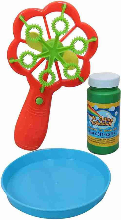 Red and green bubble machine for kids with a bottle of bubble solution and blue tray