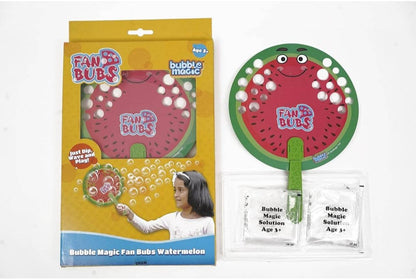 Watermelon-themed bubble magic fan for ages 3+ with how.to make bubble solution included