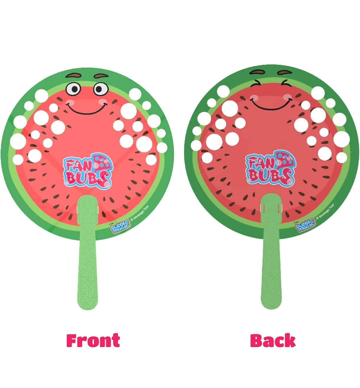 Colorful watermelon-themed bubble wand for kids with instructions on how to make bubble solution