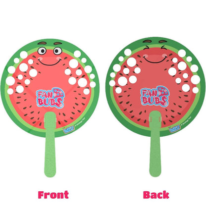 Colorful watermelon-themed bubble wand for kids with instructions on how to make bubble solution