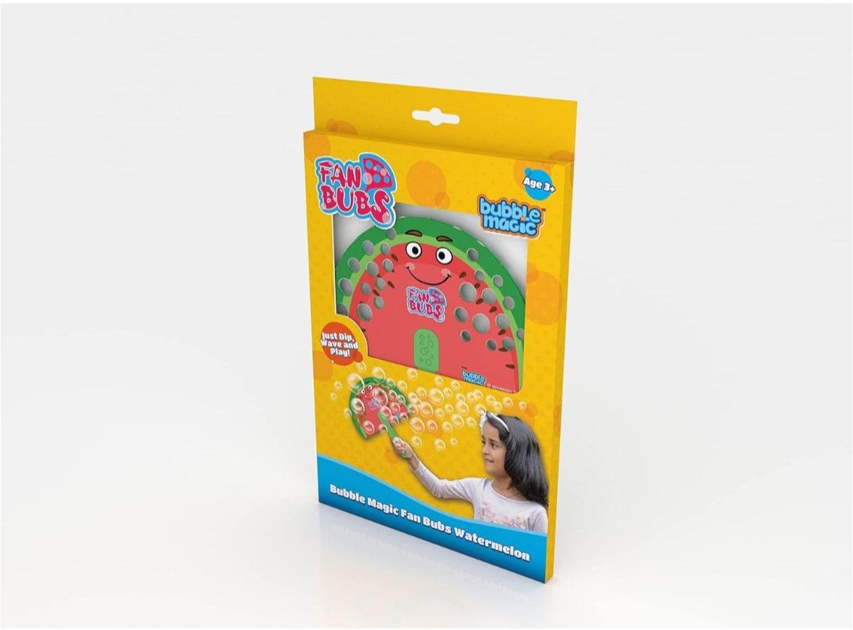Colorful bubble wand kit for kids with watermelon design and instructions on how to make bubble solution