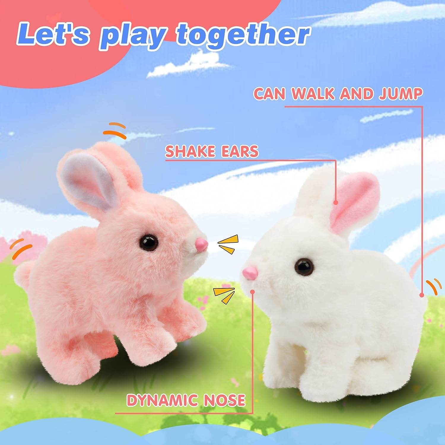 Pink and white hopping walking bunny rabbit toy for ages 3 and up, features shaking ears and dynamic nose